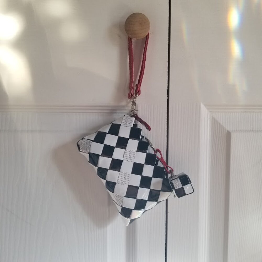 Nahui Ollin Wristlet Black White Red Recycled Wrappers Keychain Coin Purse New